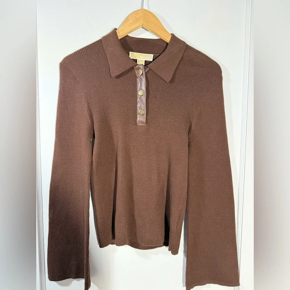 Michael Kors Saddle Brown Ribbed Polo with bell sleeves